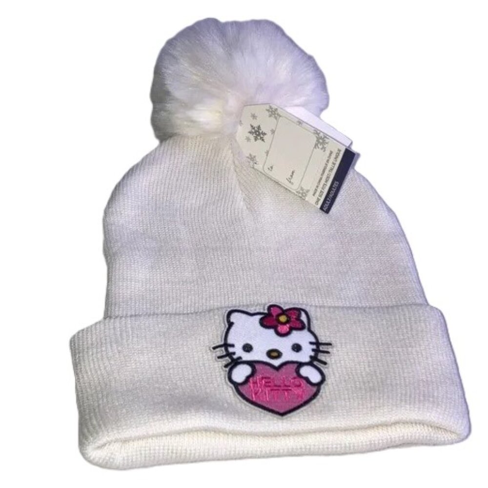 HELLO KITTY White Knit Beanie Hat Pink Flower Pink Heart Pom Pom One Size